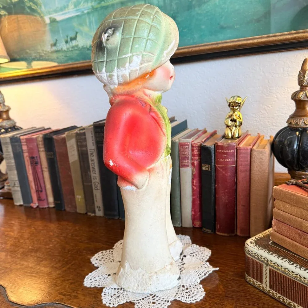 1930s Large Chalkware Carnival Prize Young girl with hat statue